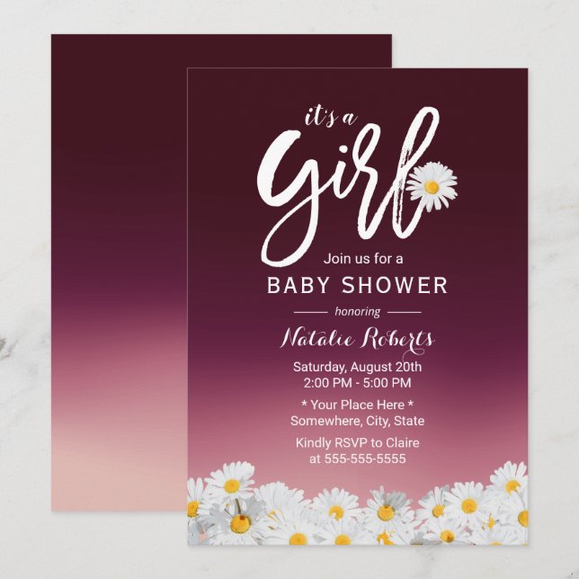 Rustic Daisy Flowers Burgundy Red Girl Baby Shower Invitation (Front/Back)