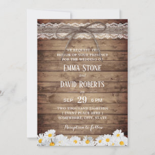 Rustic Daisy Flowers Lace & Twine Wedding Invitation