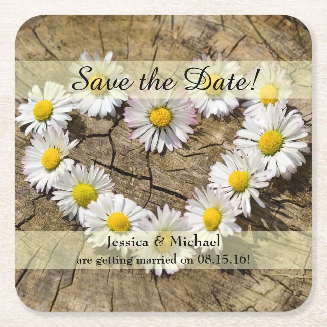 Rustic Daisy Heart Save the Date Square Paper Coaster (Front)