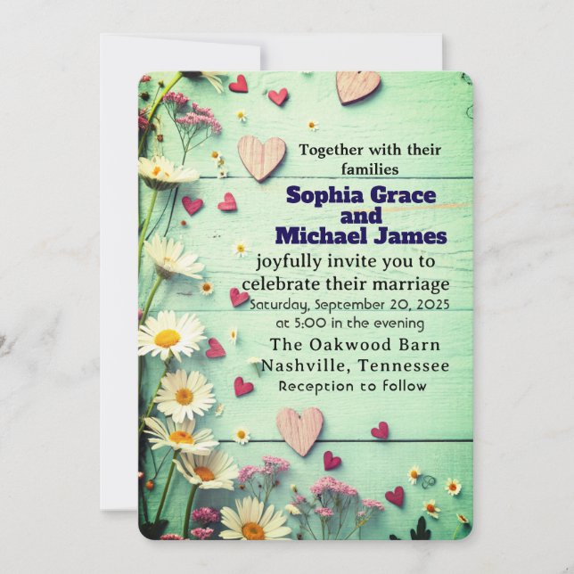 Rustic Daisy & Heart Wedding Invitation (Front)