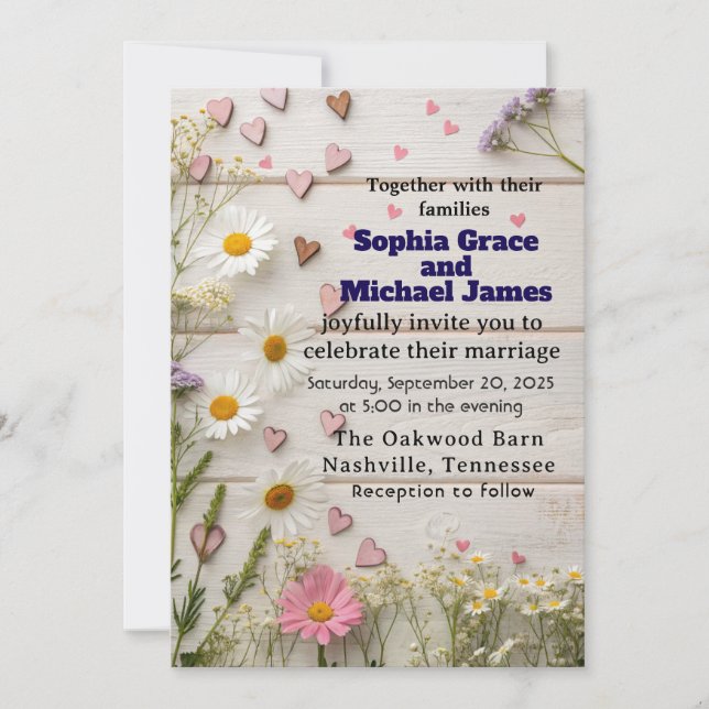 Rustic Daisy & Heart Wedding Invitation (Front)