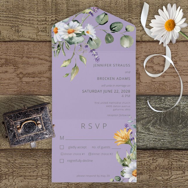 Rustic Daisy & Lavender Floral Purple Dinner All In One Invitation (Creator Uploaded)