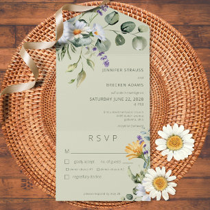 Rustic Daisy & Lavender Floral Sage Green Dinner All In One Invitation