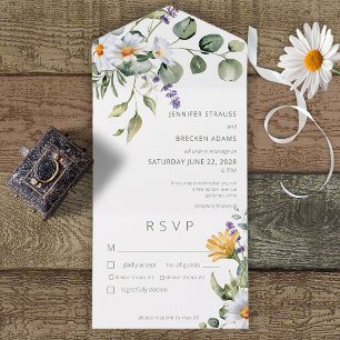 Rustic Daisy & Lavender Floral White Dinner All In One Invitation