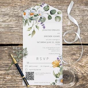 Rustic Daisy & Lavender Floral White QR Code All In One Invitation