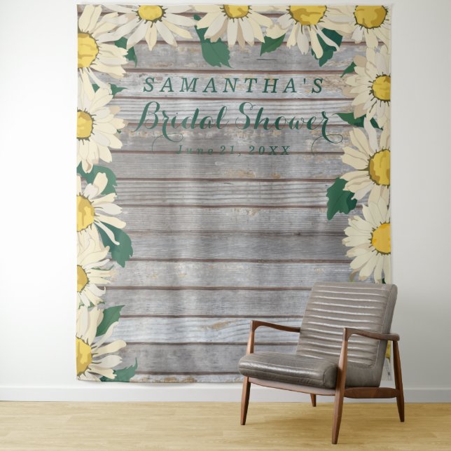 Rustic Daisy on Wood | Bridal Shower Photobooth Tapestry (In Situ)