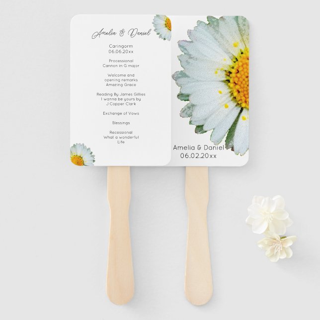 Rustic Daisy Summer Wedding Ceremony Program Hand Fan (Front and Back)