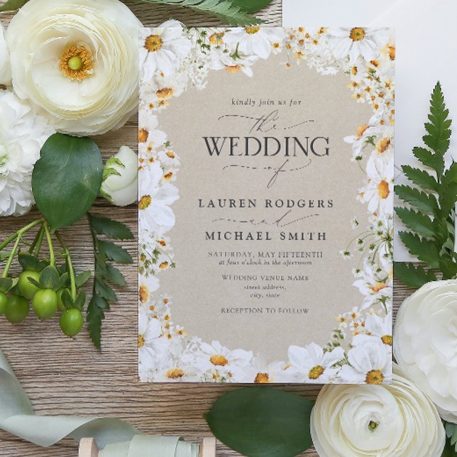 Rustic Daisy Watercolor Flowers Elegant Wedding Invitation (Wedding Invitation)