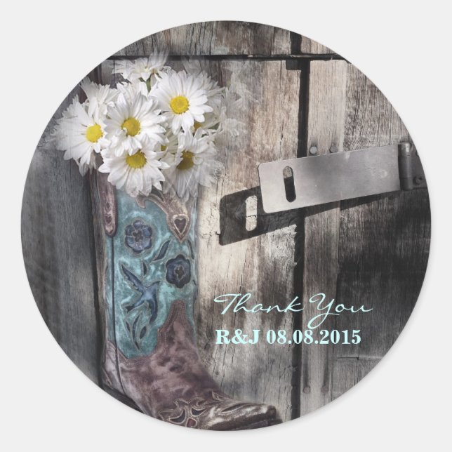rustic daisy western country cowboy wedding classic round sticker (Front)