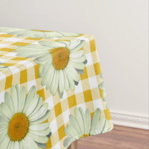 Rustic Daisy Yellow Floral Gingham Pattern Tablecloth