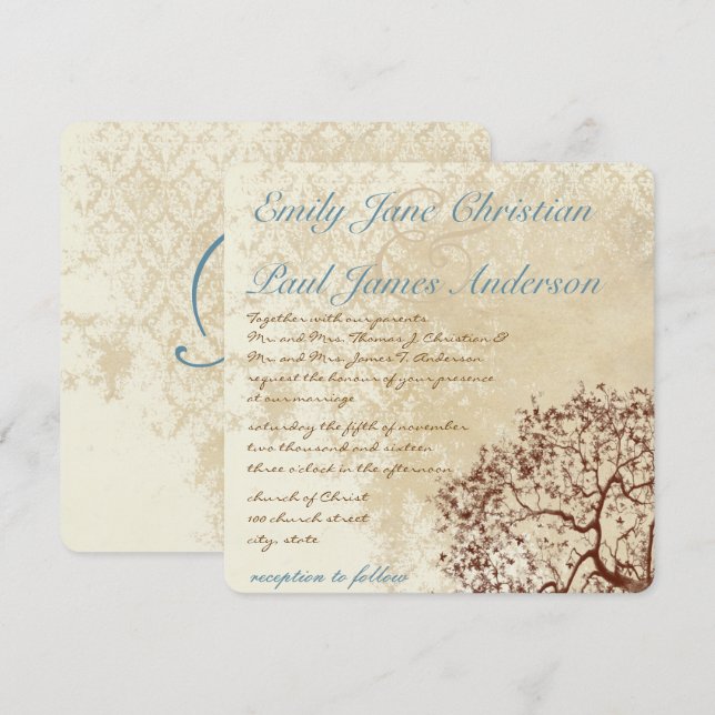 Rustic Damask Brown Tree Teal Font Wedding Invite (Front/Back)