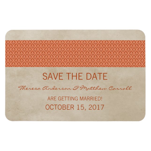 Rustic Damask Save the Date Magnet, Orange Magnet (Horizontal)