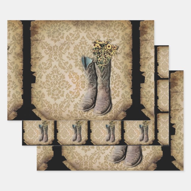 rustic damask western country cowboy boot wrapping paper sheet (Set)