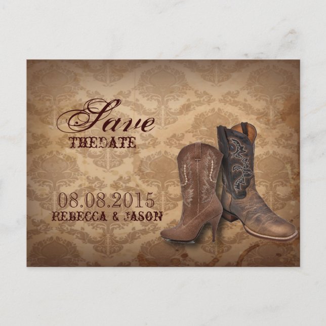 rustic damask Western Cowboy wedding save the date Announcement Postcard (Front)