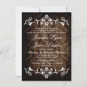 Rustic Damask Wood Flourish Wedding Invitations
