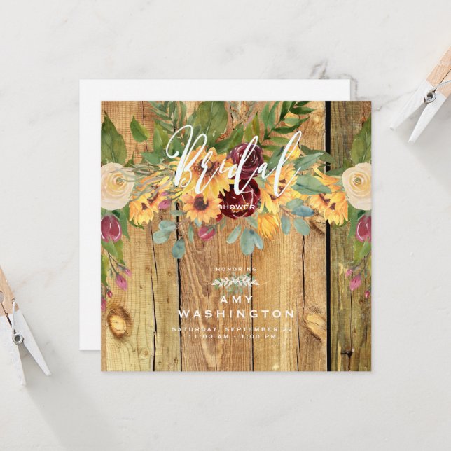 Rustic Dancing Sunflowers Bridal Shower Invitation (Front/Back In Situ)
