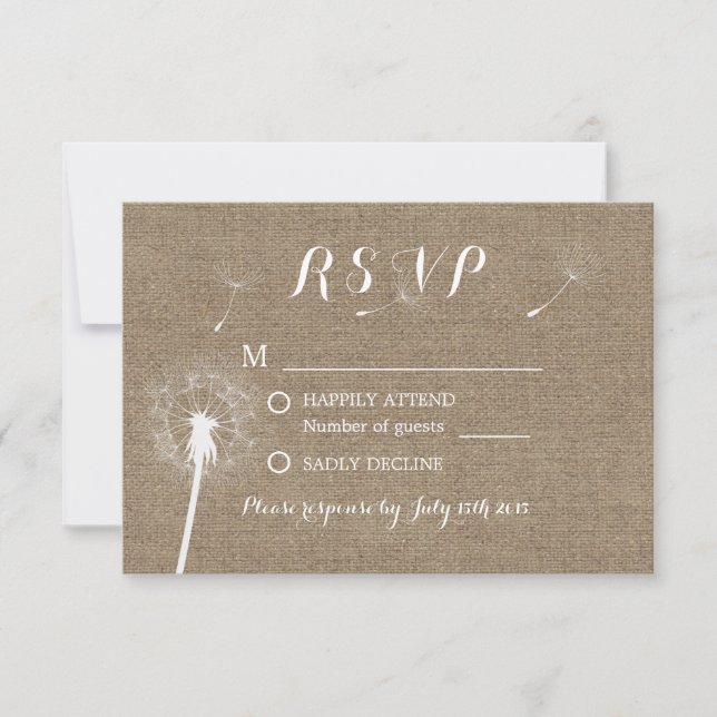 Rustic Dandelion Blowing Burlap Wedding RSVP Card (Front)