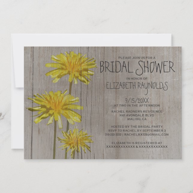 Rustic Dandelions Bridal Shower Invitations (Front)