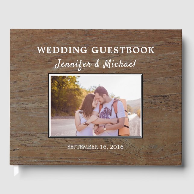 Rustic dark barn wood photo couple wedding guest book (Front)