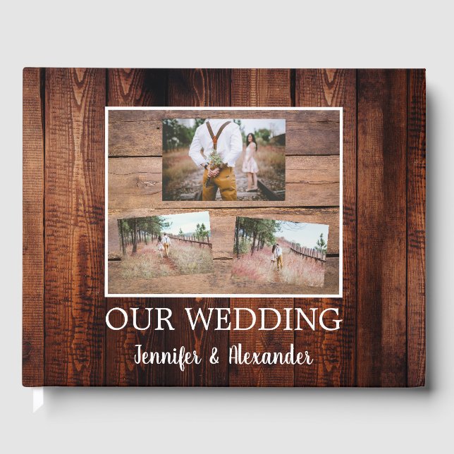 Rustic dark barn wood photo Wedding Guest Book (Front)