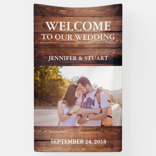 Rustic dark barn wood Welcome photo wedding Banner (Vertical)