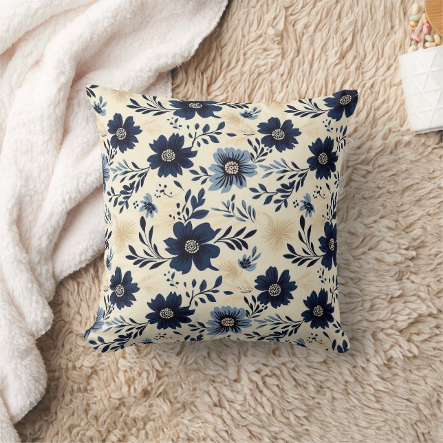 Rustic Dark Blue Beige Flower Folk Art Print Cushion (Blanket)