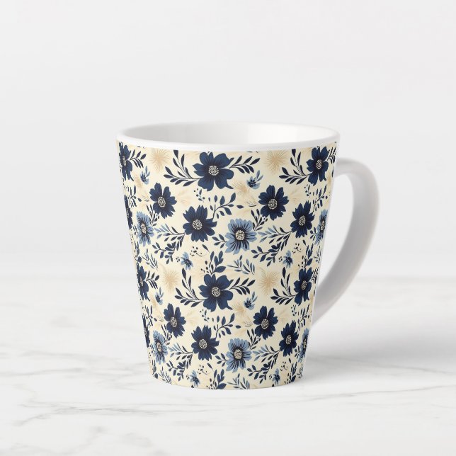 Rustic Dark Blue Beige Flower Folk Art Print Latte Mug (Right Angle)