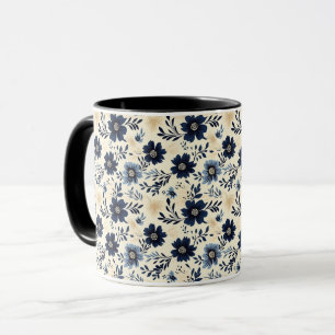 Rustic Dark Blue Beige Flower Folk Art Print Mug