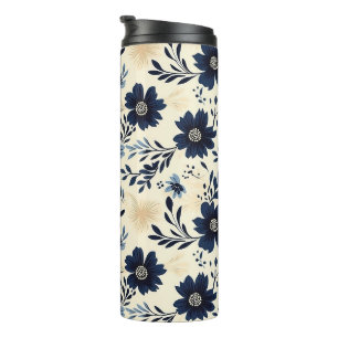 Rustic Dark Blue Beige Flower Folk Art Print Thermal Tumbler