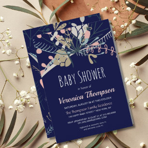Rustic Dark Blue & Pastel Botanical Baby Shower Invitation