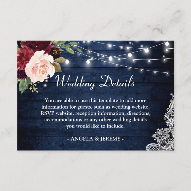 Rustic Dark Blue Red Floral Lights Wedding Details Enclosure Card (Front)
