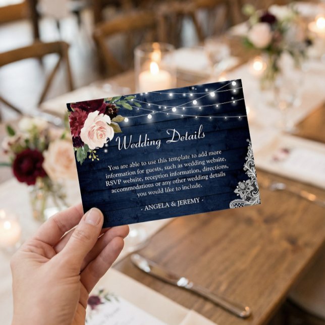 Rustic Dark Blue Red Floral Lights Wedding Details Enclosure Card (Creator Uploaded)