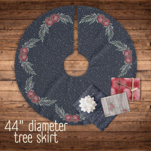 Rustic Dark Blue Snowy Christmas Balls Berries Brushed Polyester Tree Skirt