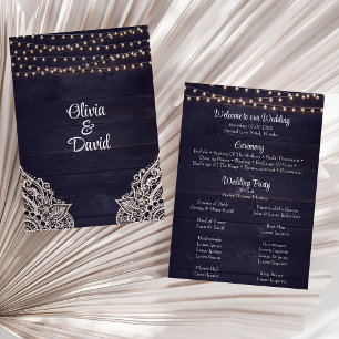 Rustic Dark Blue Wood String Light Wedding Program Programme