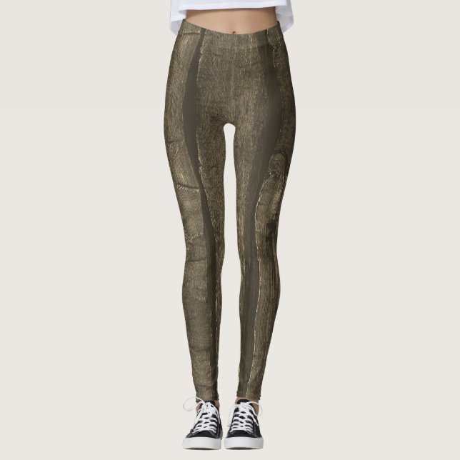 Rustic dark brown gold sepia old wood leggings (Front)