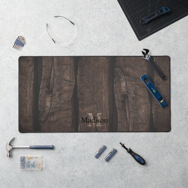 Rustic dark brown grey old wood Monogram Desk Mat (Workstation)