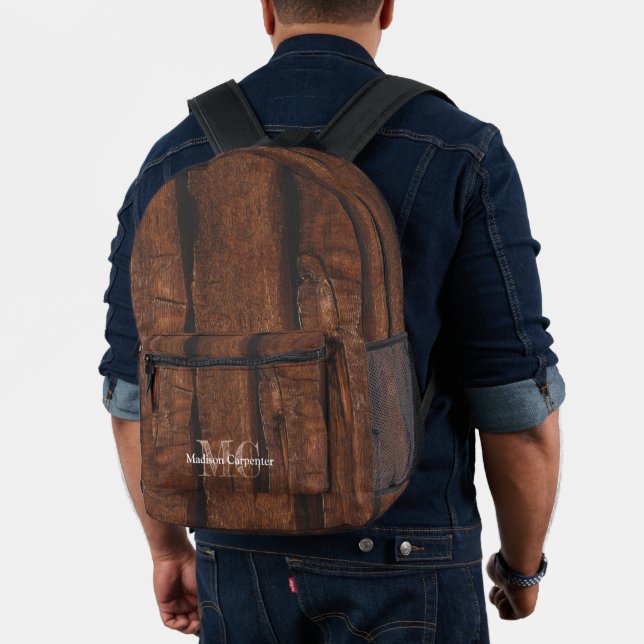 Rustic dark brown old wood Carpenter Monogram name Printed Backpack (Insitu (Model))