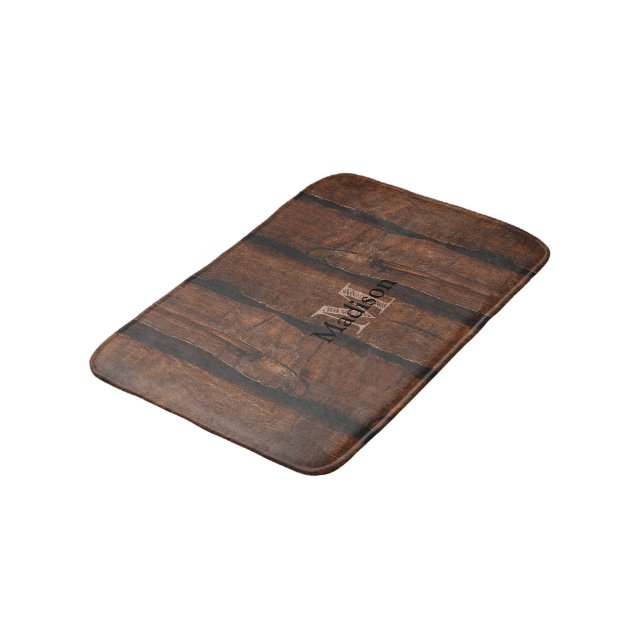 Rustic dark brown old wood Monogram Bath Mat (Angled)