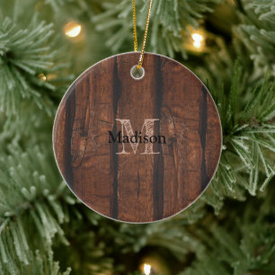 Rustic dark brown old wood Monogram Ceramic Tree Decoration