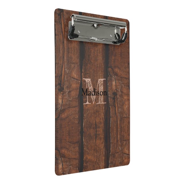 Rustic dark brown old wood Monogram Mini Clipboard (Angled)