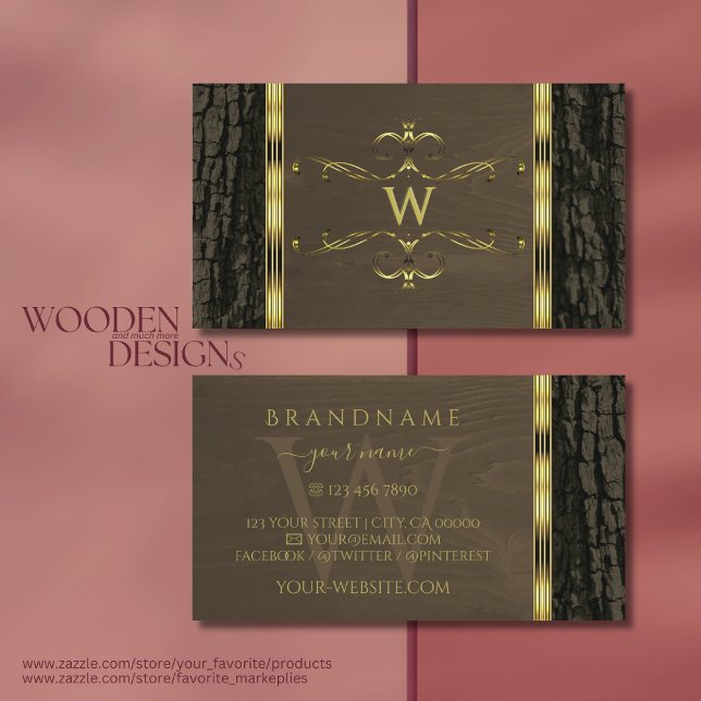 Rustic Dark Brown Tree Bark Gold Border Monogram Business Card (Creator Uploaded)