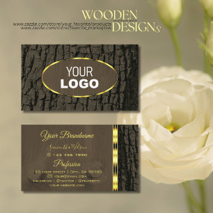 Rustic Dark Brown Tree Bark Grain Gold Border Logo Business Card