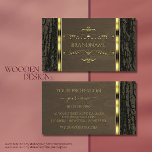 Rustic Dark Brown Tree Bark Wood Grain Gold Border Business Card