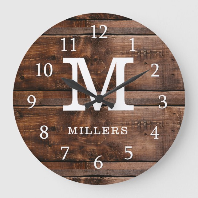Rustic Dark Brown Wood Family Name Monogrammed Large Clock (Front)