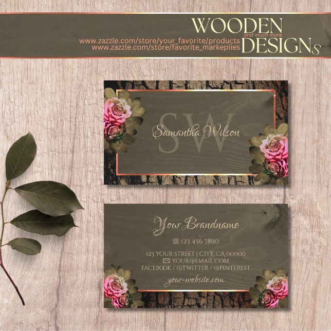 Rustic Dark Brown Wood Grain Pink Roses Monogram Business Card (Creator Uploaded)