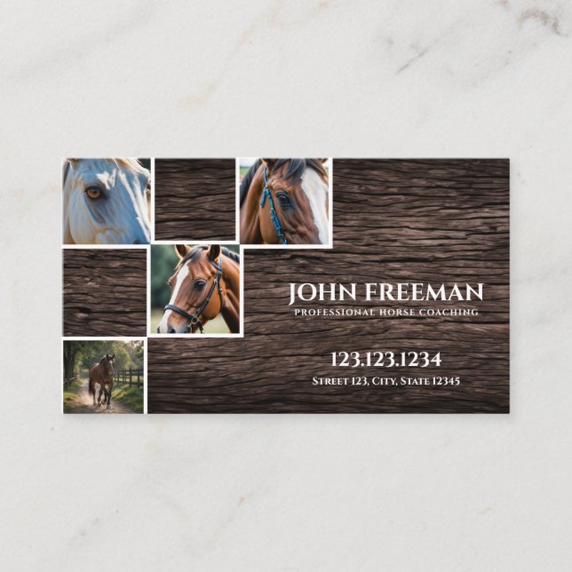Rustic Dark Brown Wood Horses Photos Equestrian Business Card (Front)