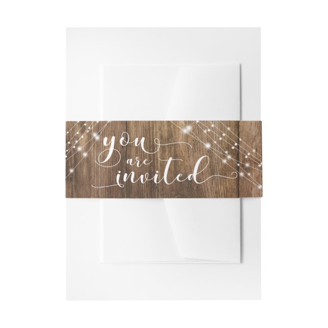 Rustic Dark Brown Wood & Lights "You are Invited" Invitation Belly Band (Front Example)
