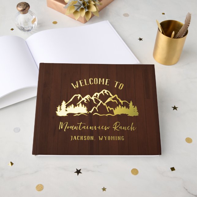 Rustic Dark Brown Wood Mountain Landscape Guest Book (Front Open)