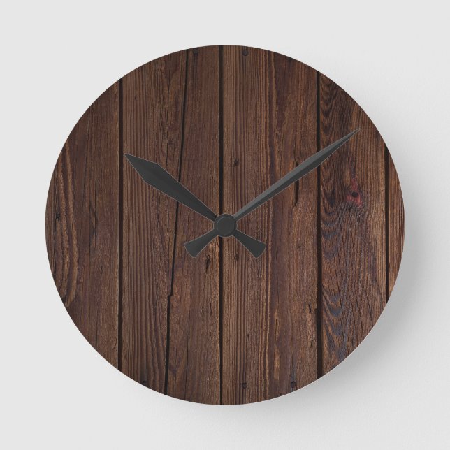 Rustic Dark Brown Wood Wooden Fence Country Style Round Clock (Front)