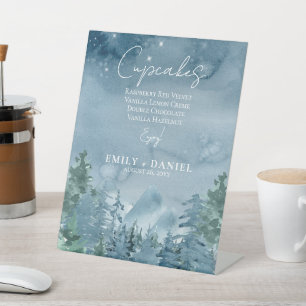 Rustic Dark Dusk Blue Mountains Wedding Cake Pedestal Sign